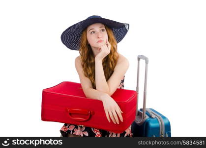 Woman ready for summer holiday isolated on white