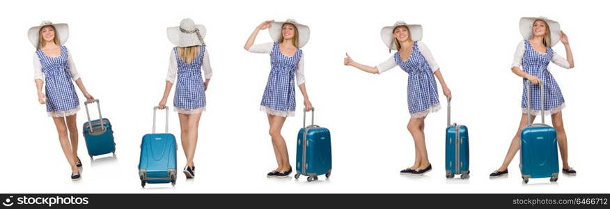 Woman ready for summer travel isolated on white