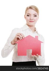 Woman real estate agent holding red paper house. Property business and accomodation or loan concept isolated on white background