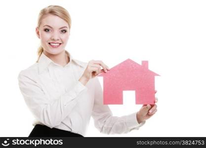 Woman real estate agent holding red paper house. Property business and accomodation or loan concept isolated on white background