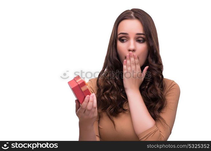 Woman receiving marriage proposal isolated on white