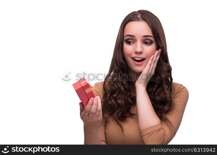 Woman receiving marriage proposal isolated on white