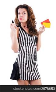 Woman referee with card on white