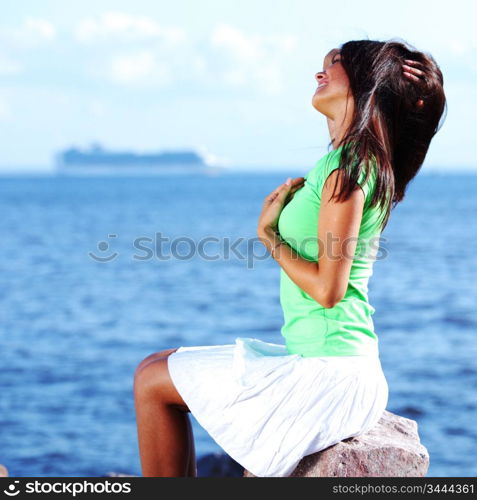 woman relax blue sea and bubbles on background