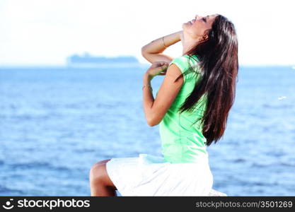 woman relax blue sea and bubbles on background