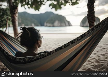 Woman relax in hammock on summer beach. Illustration Generative AI. Woman relax in hammock on summer beach. Illustration AI Generative