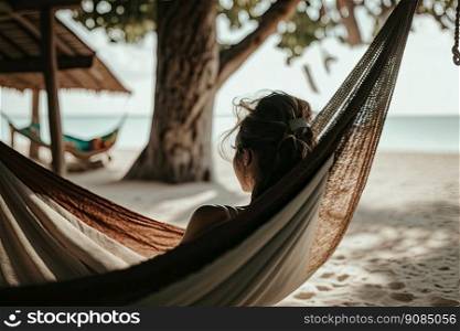 Woman relax in hammock on summer beach. Illustration Generative AI. Woman relax in hammock on summer beach. Illustration AI Generative