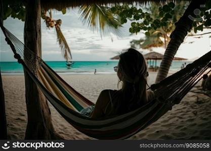 Woman relax in hammock on summer beach. Illustration Generative AI. Woman relax in hammock on summer beach. Illustration AI Generative
