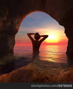 woman relaxing at cave on a tropical island 3d illustration