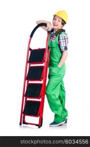 Woman repair worker with ladder