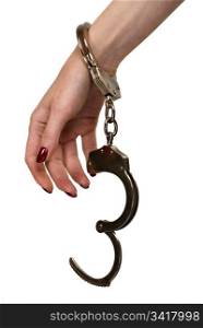 Woman restriction hend whit handcuffs, isolated on white
