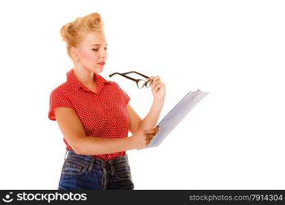 woman retro style holding glasses and clipboard studio shot, isolated on white