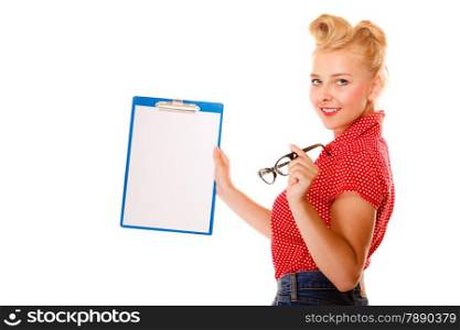 woman retro style holding glasses and clipboard with empty blank sign copy space for text, studio shot, isolated on white