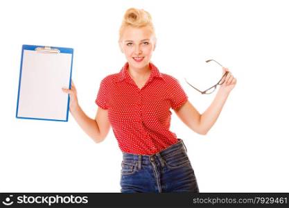 woman retro style holding glasses and clipboard with empty blank sign copy space for text, studio shot, isolated on white