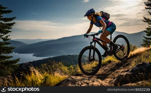 Woman Riding Mountain Bike in a Summer Forest