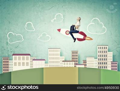 Woman riding rocket. Young girl flying on rocket against drawn background