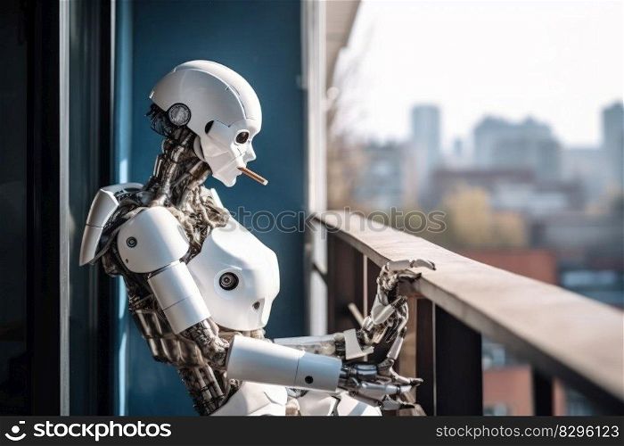 woman robot with a cigarette on the balcony generative ai.