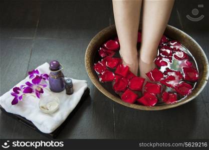 Woman&rsquo;s Feet Soaking in Water with Rose Petals