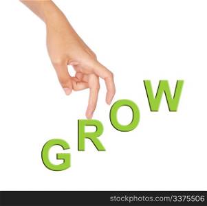 Woman&rsquo;s fingers climbing higher on &rsquo;grow&rsquo; word in green isolated over white