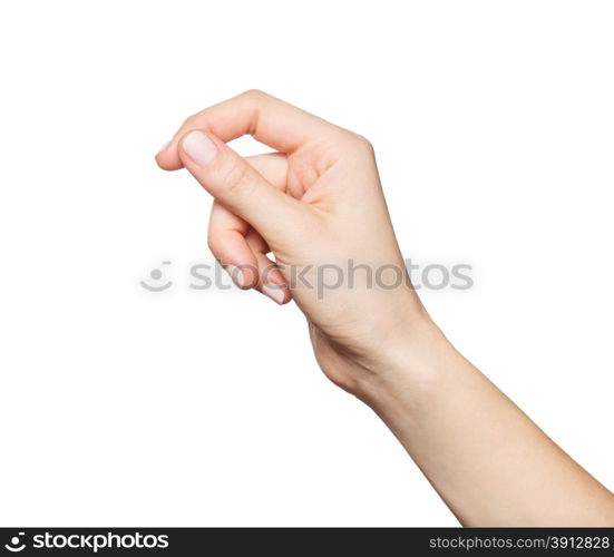 Woman&rsquo;s hand holding something, isolated on white