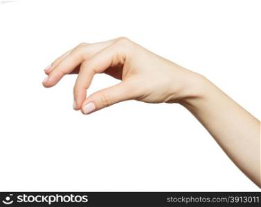 Woman&rsquo;s hand holding something, isolated on white