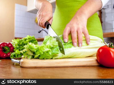 Woman&rsquo;s hands cutting lettuce, behind fresh vegetables.