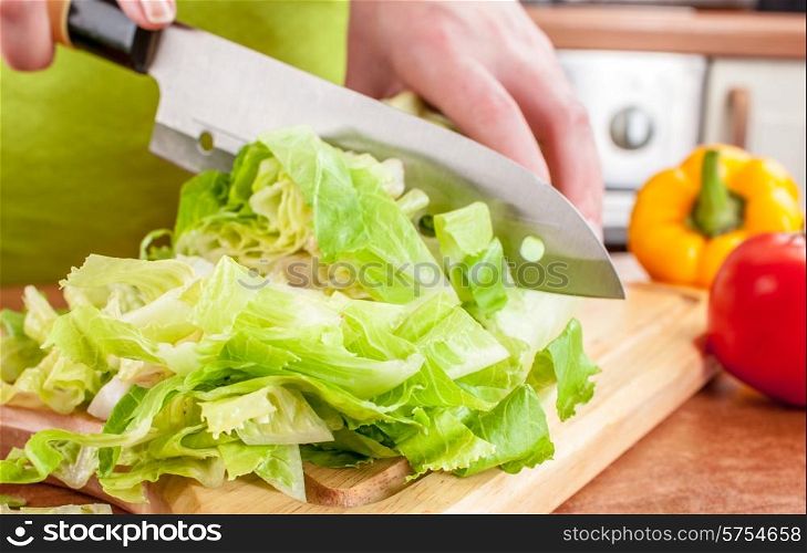Woman&rsquo;s hands cutting lettuce, behind fresh vegetables.