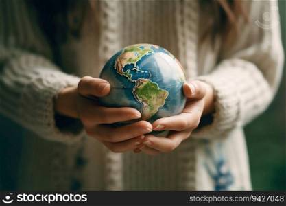 Woman&rsquo;s Hands Holding Earth Globe Model. Generative ai. High quality illustration. Woman&rsquo;s Hands Holding Earth Globe Model. Generative ai