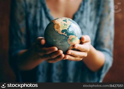 Woman&rsquo;s Hands Holding Earth Globe Model. Generative ai. High quality illustration. Woman&rsquo;s Hands Holding Earth Globe Model. Generative ai