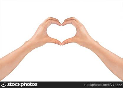 Woman's hands shaping a heart symbol for valentine's day or wedding isolated on white background