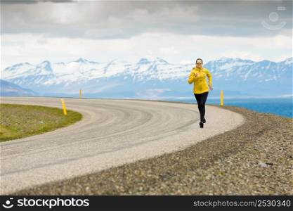 Woman running on a winter day