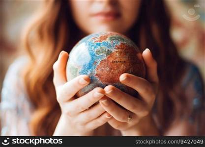 Woman’s Hands Holding Earth Globe Model. Generative ai. High quality illustration. Woman’s Hands Holding Earth Globe Model. Generative ai