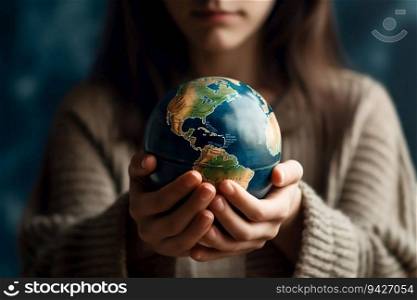 Woman’s Hands Holding Earth Globe Model. Generative ai. High quality illustration. Woman’s Hands Holding Earth Globe Model. Generative ai