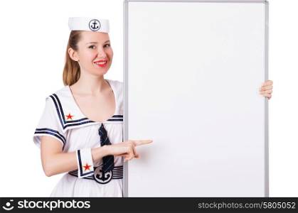Woman sailor with blank board on white