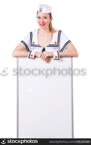 Woman sailor with blank board on white