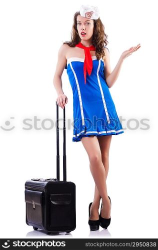 Woman sailor with suitcase on white