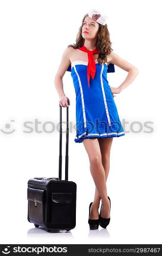 Woman sailor with suitcase on white
