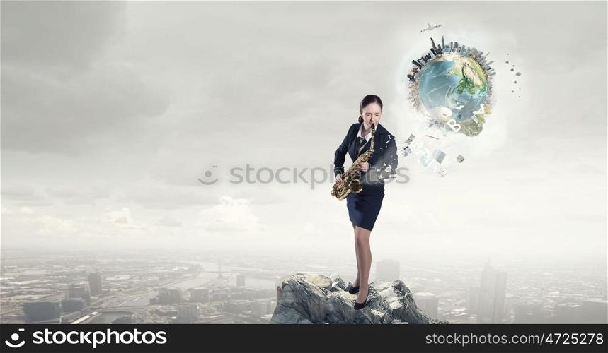 Woman saxophonist. Young woman in suit with saxophone in hands. Elements of this image are furnished by NASA