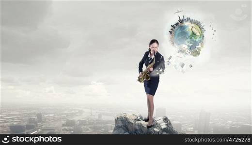 Woman saxophonist. Young woman in suit with saxophone in hands. Elements of this image are furnished by NASA