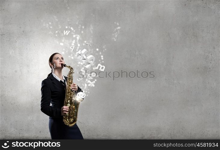 Woman saxophonist. Young woman playing saxophone and cloud coming out