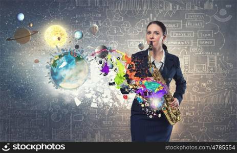 Woman saxophonist. Young woman playing saxophone and colorful splashes coming out. Elements of this image are furnished by NASA