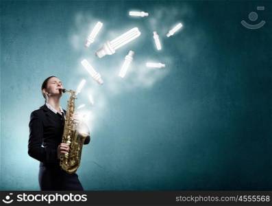 Woman saxophonist. Young woman playing saxophone and light bulbs coming out