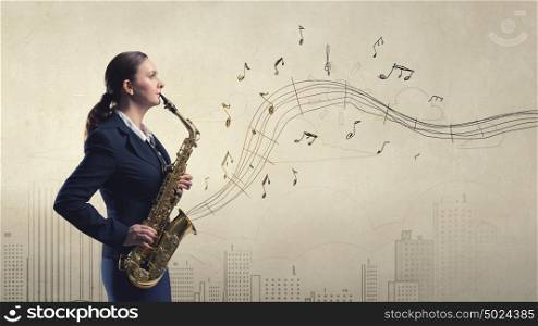 Woman saxophonist. Young woman playing saxophone and notes coming out