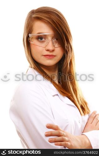Woman scientist close up portrait, isolated on white background