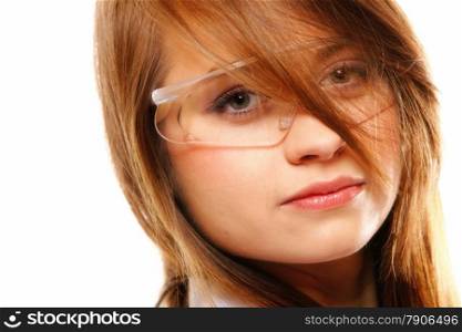 Woman scientist close up portrait, isolated on white background
