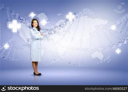 Woman scientist. Image of young woman doctor against media background
