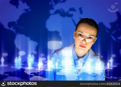 Woman scientist. Image of young woman scientist in goggles against media screen. Net communication