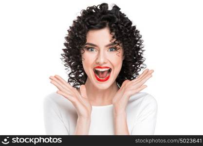 Woman screaming amazed in joy. Surprised excited beautiful woman screaming amazed in joy, isolated on white background