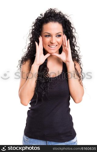 Woman screaming at someone, isolated over a white background