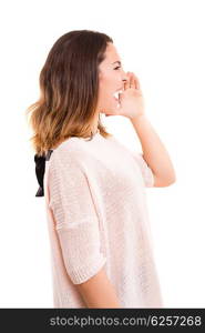 Woman screaming at someone, isolated over a white background